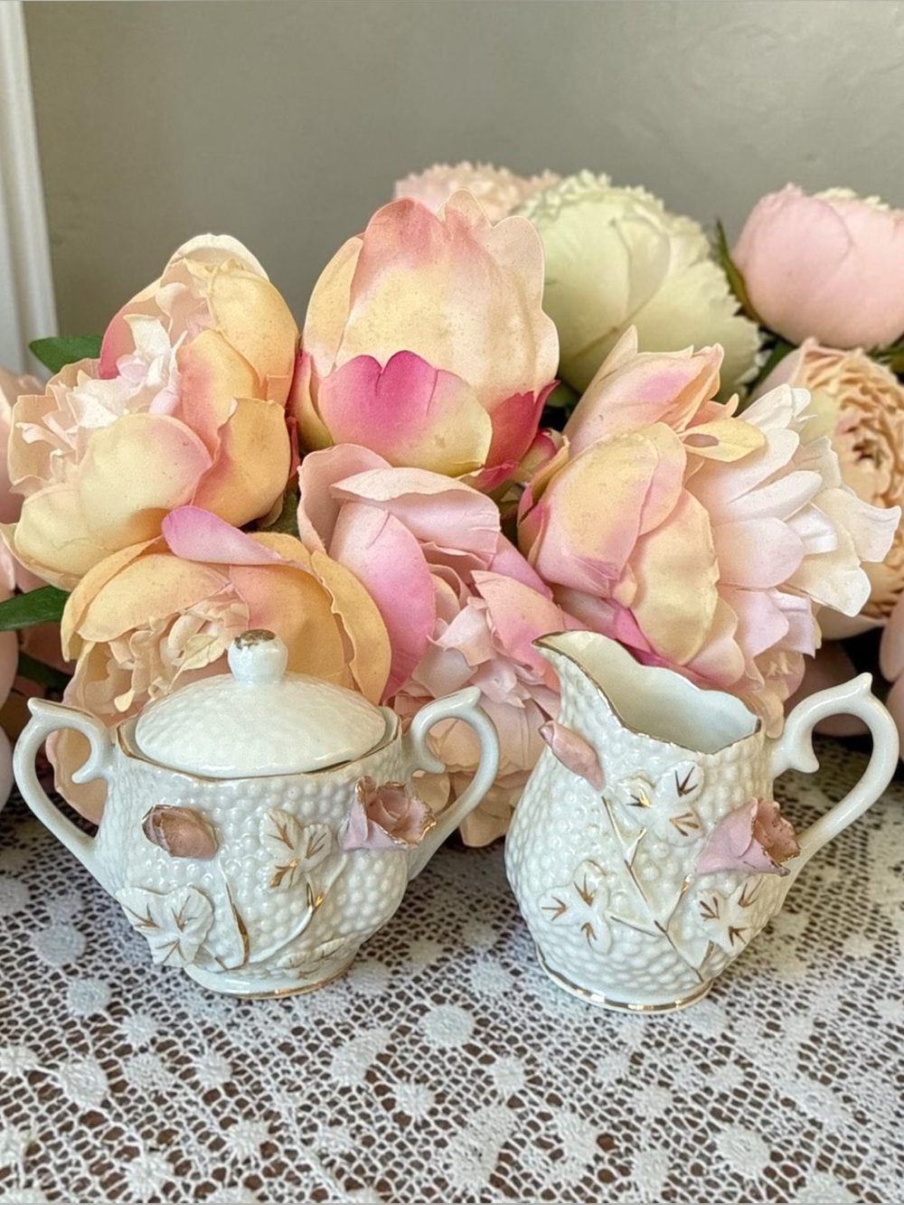 Vintage Japanese Porcelain Demi Creamer Sugar Set Hobnail 3D Pink Rose